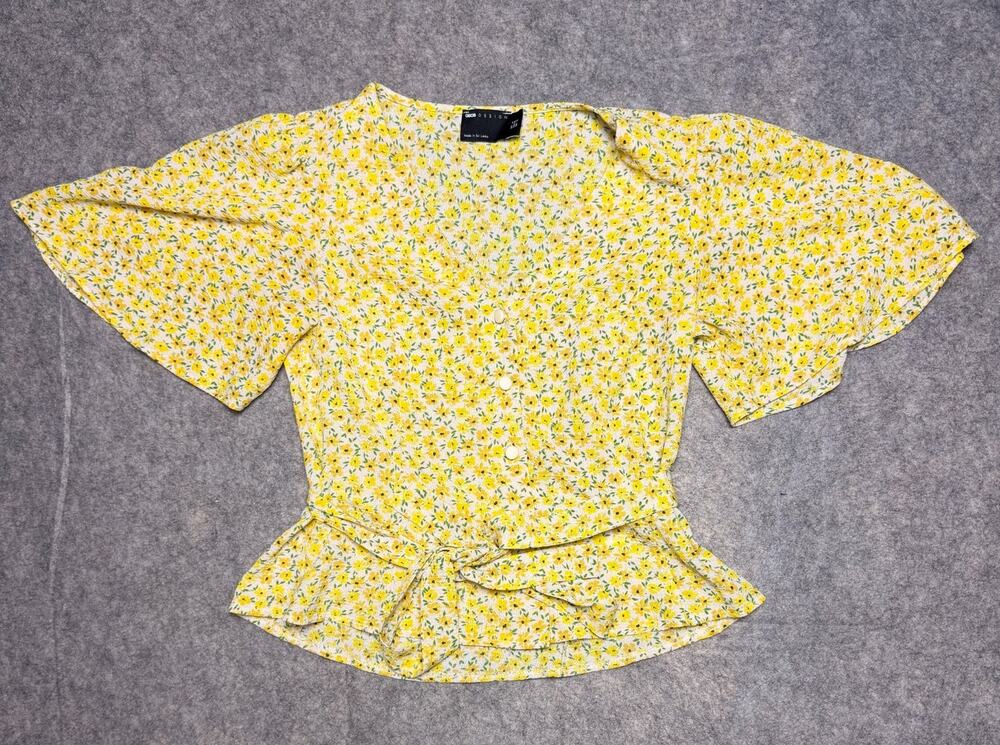 ASOS short sleeve V Neck Tea Button Blouse with Back Strap- YELLOW - Size 2